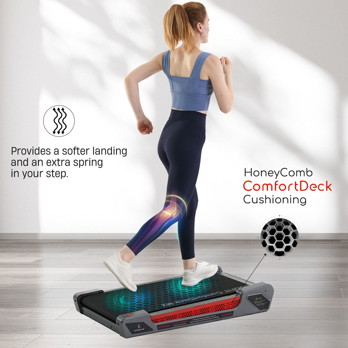 Honey Comb Deck Cushioning on Egofit ComfortDeck-M2 gray treadmill reduces impact for smooth workout