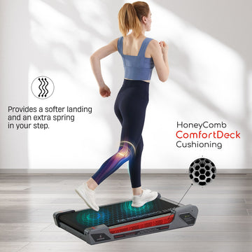 Honey Comb Deck Cushioning on Egofit ComfortDeck-M2 gray treadmill reduces impact for smooth workout