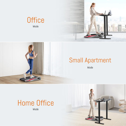 Compact gray treadmill in small apartment and home office setup