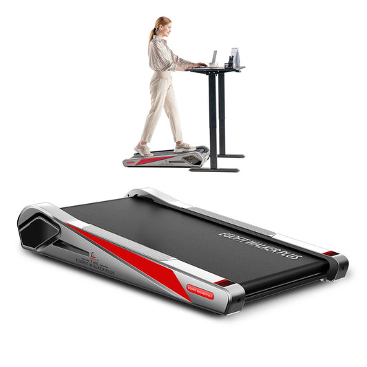 Gray Egofit Walker Pro-M1 under desk treadmill with model using it at home office
